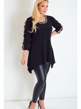 Joseph Ribkoff Black Tunic Dress with White Contrast Loop Neckline
